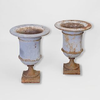 Pair of Painted Iron Campagna Form Urns