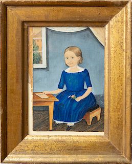 Attributed to Henry Walton (1804-1865): Portrait of a Little Girl with Light Brown Ringlets, Wearing a Blue Dress, Seated at a School Desk