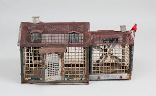 American Folk Wire and Painted Wood Animal Cage