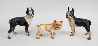 Pair of American Painted Cast-Iron French Bull Dog-Form Door Stops and a Cast-Iron Bull Dog-Form Coin Bank
