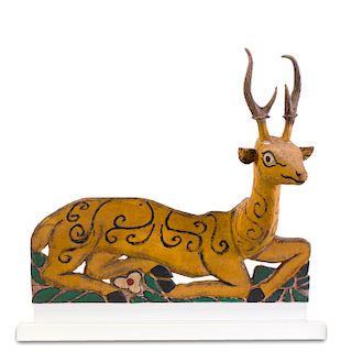 Indian Folk Art Painted Wood and Antler Model of a Recumbent Stag