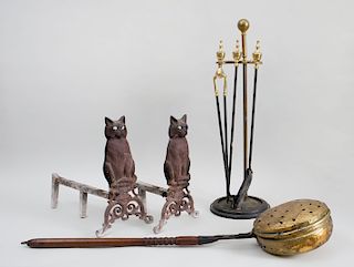 Pair of American Cast-Iron Cat-Form Andirons, Three Brass-Handled Wrought-Iron Fire Tools and Associated Stand, and a Wood Handled Brass Bed Warmer