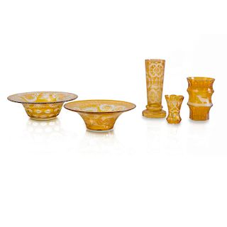 Group of Five Etched Amber Glass Tablewares