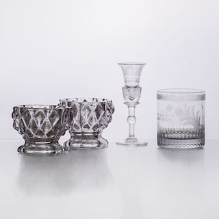 French Engraved Glass Tumbler and a Thistle-Form Liqueur and Two Pressed Salts