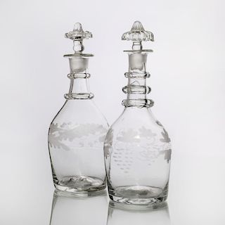 Two Similar Engraved Glass Ring-Neck Small Decanters and Stoppers, Probably Newcastle