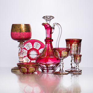 Set of Continental Gilt-Decorated Ruby-Overlay Stemware