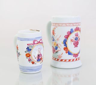 Bohemian Milk Glass Barrel-Form Mug with a Portrait of a Monarch and a Cylindrical Mug