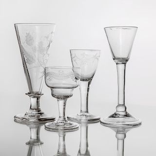 Three English Engraved Glass Stemware Pieces and a Plain Wine
