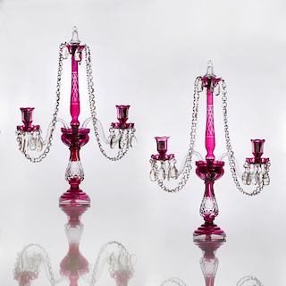 Pair of George III Style Czechoslovakian Ruby and Clear Glass Two-Light Candelabra