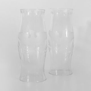 Pair of American Etched Glass Hurricane Shades Decorated with Eagles and Thirteen Star Bands
