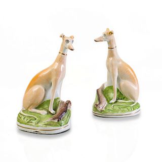 Pair of Staffordshire Pottery Models of Whippets with Rabbits