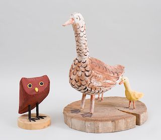Painted Wood Figure of a Red Owl and a Painted Wood Group of a Duck With Ducklings