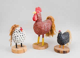 Folk Art Carved and Painted Wood Figure of a Rooster and Two Figures of Hens