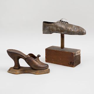 Cast Iron Model of a Lady's High-Heel Shoe and Nelson Jud Pierced Tin Model of a Man's Lace-up Shoe