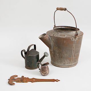 Two Tin Watering Cans, a Reed & Barton Silverplated Creamer, and a Brass Hinge