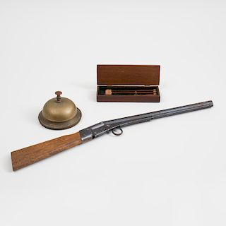 Miniature Wood Three-Part Fishing Rod in Mahogany Case, a Toy Rifle, and a Brass Turn Bell, Patented June 21, 1887