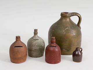 Three Pottery Jug-Form Coin Banks and Two Pottery Jugs