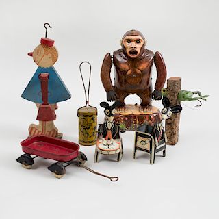 Group of Five Tin Toys and Two other Toys