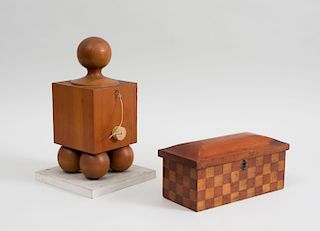 Cedar Block-Form Vessel with Cylindrical Plunger, Cork Stopper and Ball Feet, and a Checker Inlaid Box