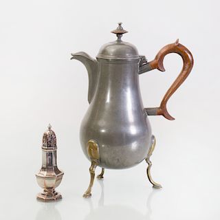 French Pewter Coffee Pot on Tripod Brass Legs and an English Silverplated Angular Baluster-Form Caster