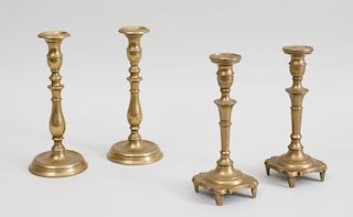 Pair of Bell-Metal Vase-Turned Candlesticks and a Pair of Candlesticks with Scalloped Bases