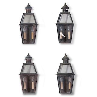 Set of Four Tin and Glass Lantern Sconces, of Recent Manufacture