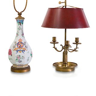 Brass Bouillotte Lamp and a Chinese Export Style Porcelain Vase, Mounted as a Lamp