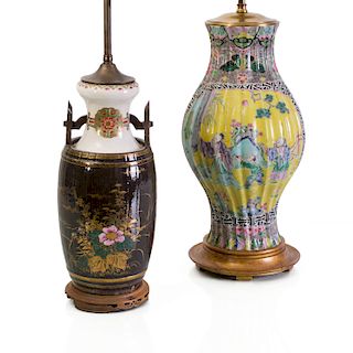 Chinese Yellow Ground Porcelain Vase, Mounted as a Lamp and a Japanese Porcelain Barrel Form Vase, Mounted as a Lamp