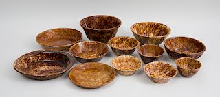 Group of Nine Tortoiseshell Glazed Pottery Bowls, an Oval Basin, and Two Pans