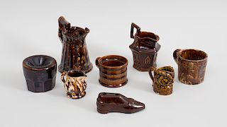 Eight Rockingham Type Glazed Pottery Articles