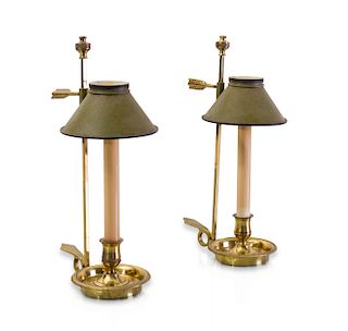Pair of French Brass Candlestick Lamps with Tôle Peinte Shades