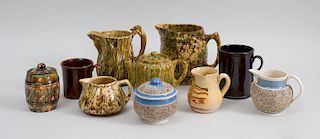 Group of Bennington Type Tortoiseshell Glazed Pottery Articles and Five Other Pieces