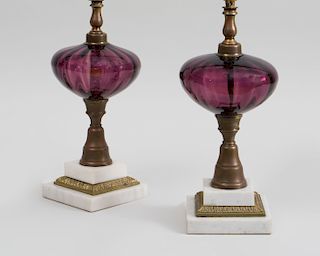 Pair of American Amethyst Glass, Brass and Carrara Mable Oil Lamps
