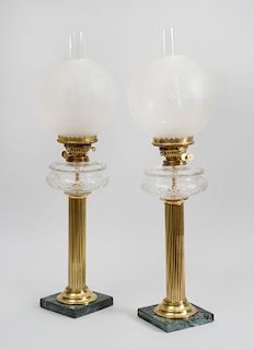 Pair of American Cut-Glass, Brass and Mottled Green Marble Reeded Column-Form Oil Lamps