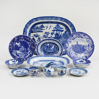 Group of Canton Blue and White Porcelain; a Group of Staffordshire Transferware; and a Japanese Fruit Bowl; and Four Dishes