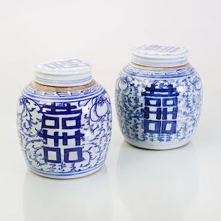 Assembled Pair of Chinese Blue and White Ginger Jars and Associated Covers