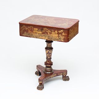 Chinese Export Red Lacquer and Parcel-Gilt Sewing Table