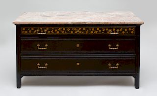 Aesthetic Movement Ebonized and Fruitwood Marquetry Chest of Drawers, Stamped Herter Brothers