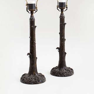 Pair of Bronze Tree Trunk-Form Table Lamps