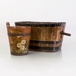 Metal-Mounted Two-Handled Wood Rectangular Bucket and a Floral-Painted Wood Cylindrical Bucket
