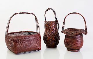 Two Japanese Brown-Stained Ikebana Baskets