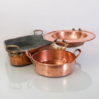 Brass-Handled Copper Diamond-Shape Pan and Four Circular Copper Pans