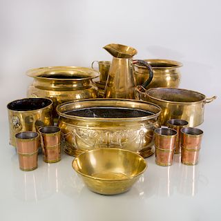 Set of Six Riveted Brass-Banded Copper Beakers