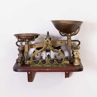 English Walnut-Base Brass Scale, Two Small Pans and Seven Bell-Form Weights