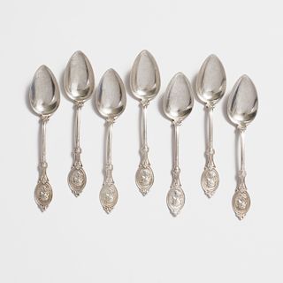 Set of Seven Mermod Jaccard & Co. Silver Medallion Tea Spoons
