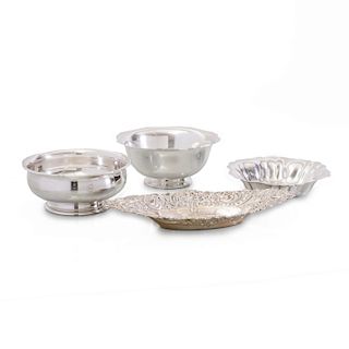 Wallace Silver Bowl in the 'Antique' Pattern, a Towle Silver Footed Bowl, a Whiting Silver Lobed bowl, and a Gorham Silver Navette Dish
