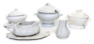 An Assembled Set of White Ceramic Dinnerware, Width of widest 13 inches.