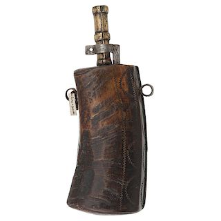18th Century Spanish Powder Flask with Engraved Horn Body and Wooden Base Plug
