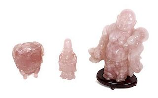 Three Chinese Carved Rose Quartz Articles, Height of tallest 7 5/8 inches.