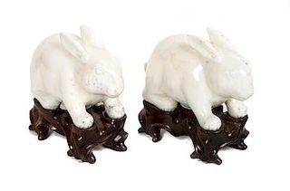 A Pair of Carved White Stone Figures of Rabbits, Width of each 4 1/4 inches.